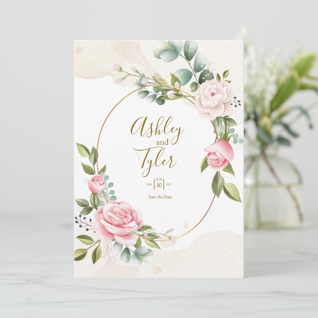 Invitation Rose Élégant Mariage floral romantique (Debout devant)