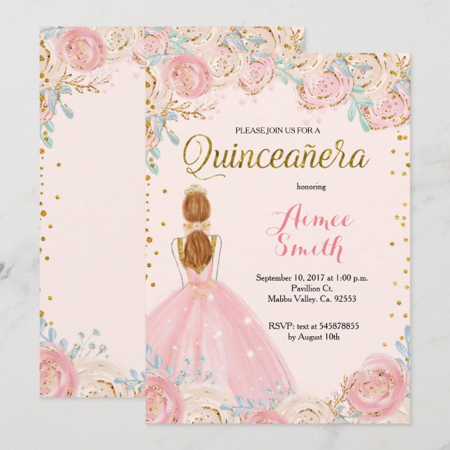 Invitation rose élégante de Quinceanera d'or (Devant / Derrière)