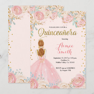 Invitation rose élégante de Quinceanera d'or