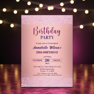 Invitation Rose Élégante Paillettes Métallisé Rose 28e Annive