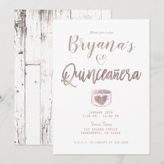 Invitation Rose en bois blanc rustique rose or 15 Quinceañera (Devant / Derrière)