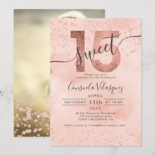 Invitation Rose en feuille d'or confetti rose Quinceanera pho