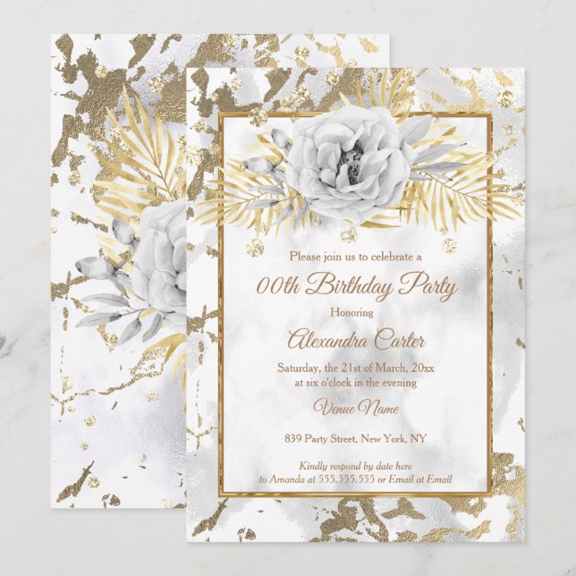 Invitation Rose en marbre blanc or Floral Anniversaire (Devant / Derrière)