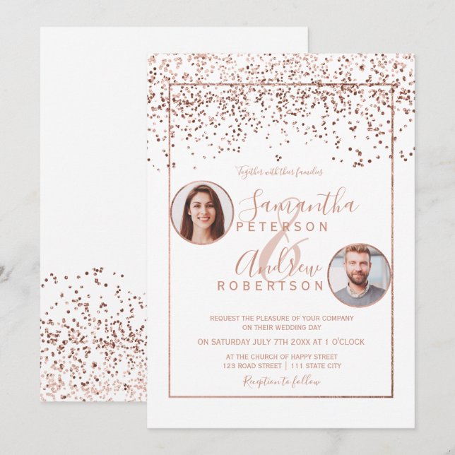 Invitation Rose en or confetti blanc cercle photo mariage (Devant / Derrière)