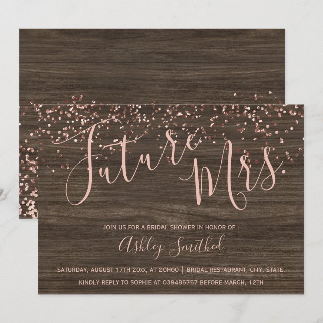 Invitation Rose en or confetti bois de chute Mme nuptiale dou (Devant / Derrière)