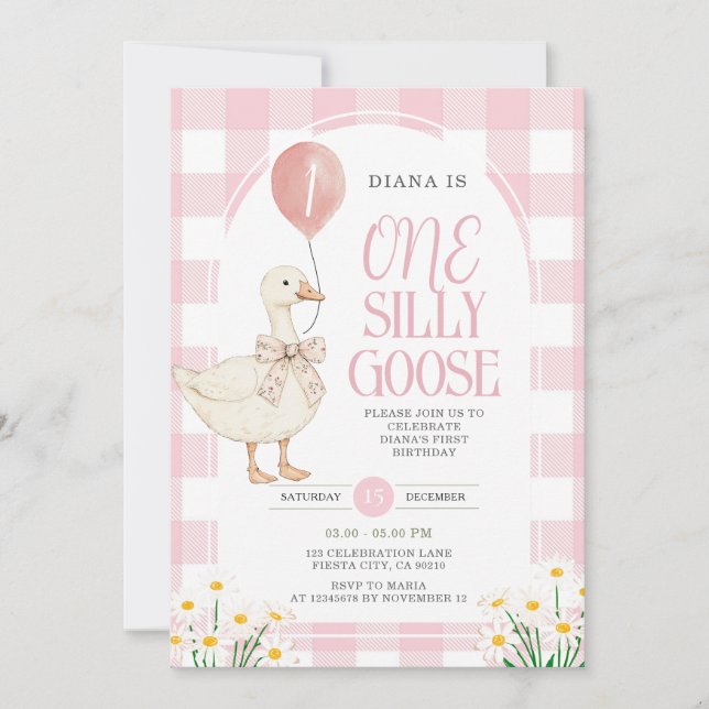 Invitation ROSE En vichy Daisy One Silly Goose Anniversaire (Devant)