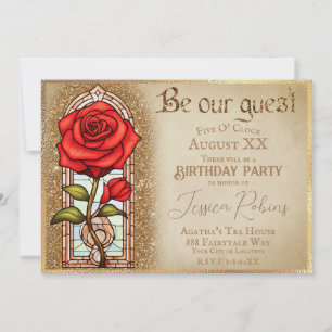 Invitation Rose en vitrail thème La Belle et la Bête