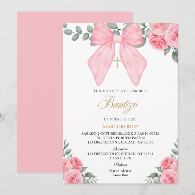 Invitation Rose espagnol noeud papillon floral fille Baptême (Devant / Derrière)