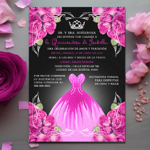 INVITATION ROSE ESPAGNOLE & QUINCEAÑERA NOIR - ÉLÉGANT ROSE