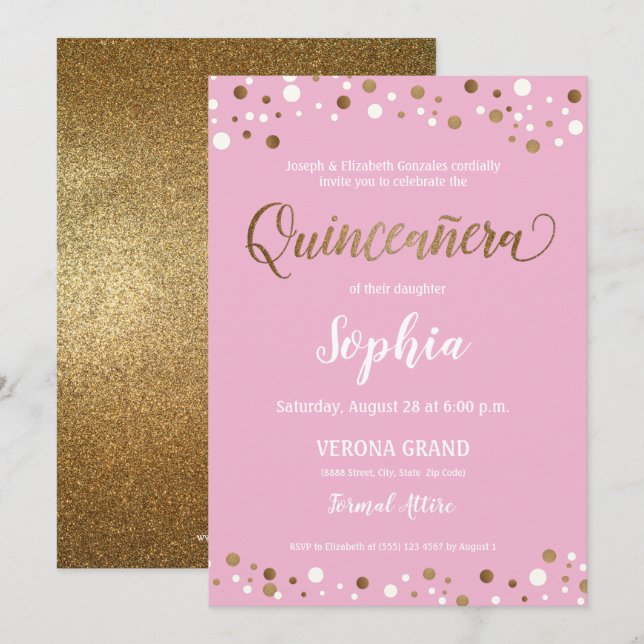 Invitation Rose et anniversaire de Quinceanera de confettis (Devant / Derrière)