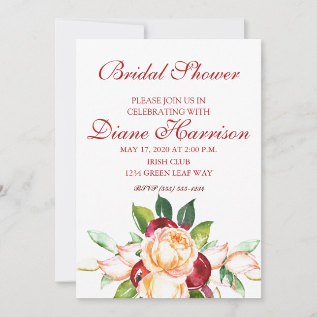 Invitation Rose et Berry Wedding shower de tiges d'aquarelle (Devant)