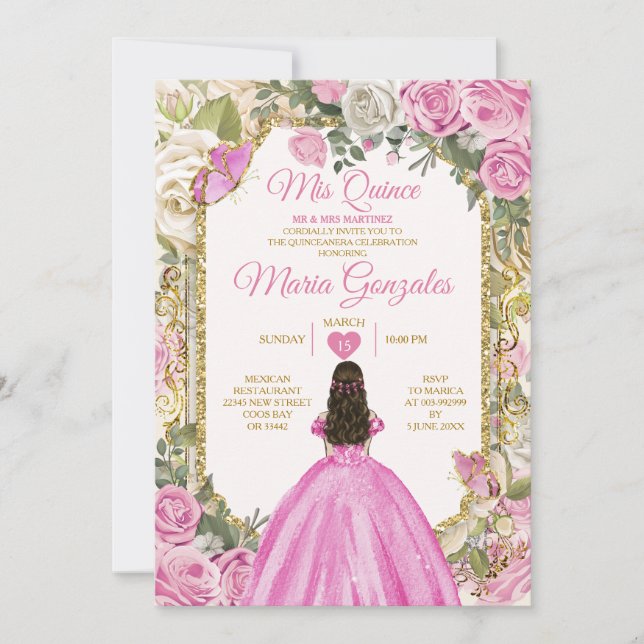 Invitation Rose et blanc Mis Quince 15 Anos Gold Crown (Devant)