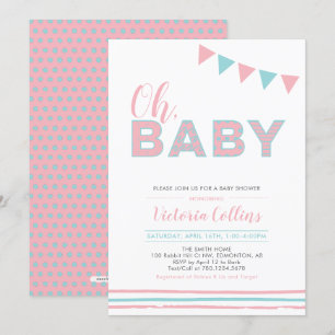 Invitation Rose et Bleu   Fille moderne Typography Shower béb