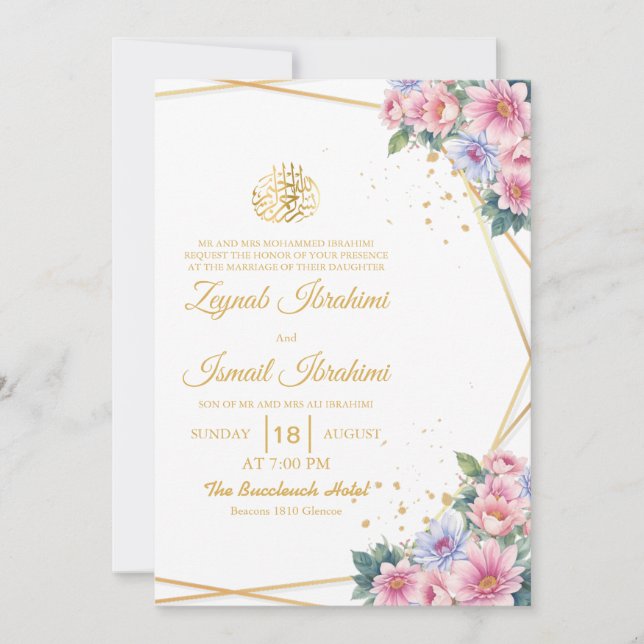 Invitation Rose et bleu Floral Or islamique Mariage musulman (Devant)