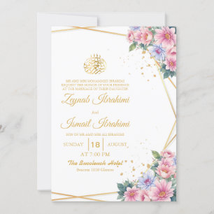 Invitation Rose et bleu Floral Or islamique Mariage musulman