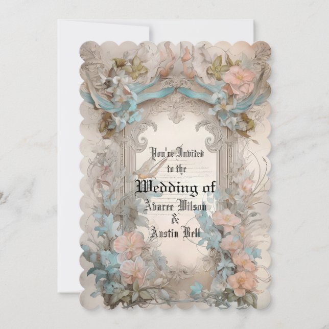 Invitation Rose et bleu floral pastel victorien (Devant)