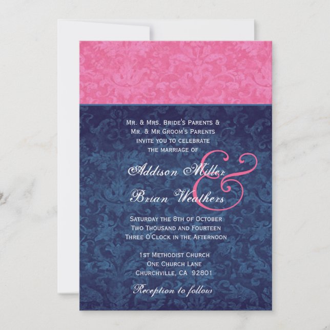 Invitation Rose et bleu marine mariage damassé métallique (Devant)