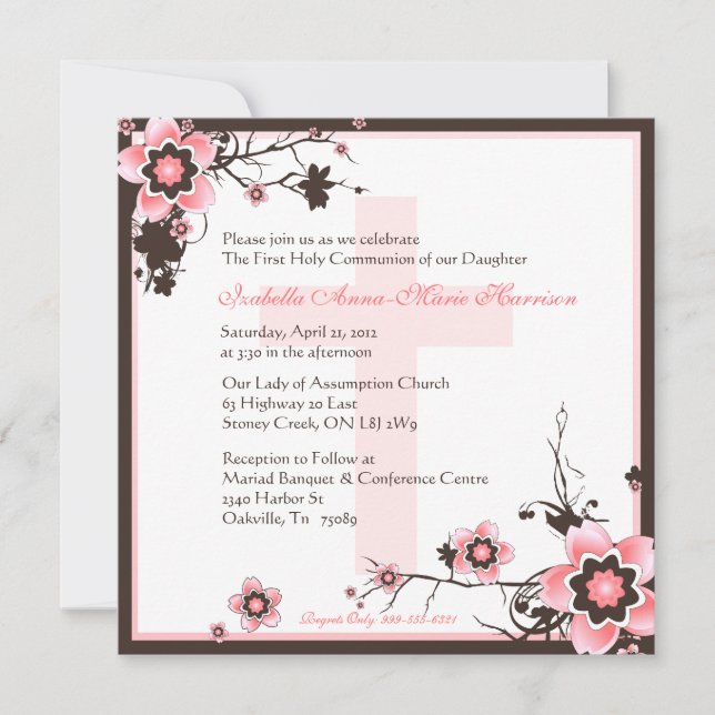 Invitation rose et Brown de communion de fleurs de (Devant)