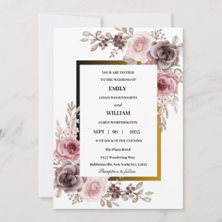 Invitation Rose et Brown Elegant Rose Floral Mariage