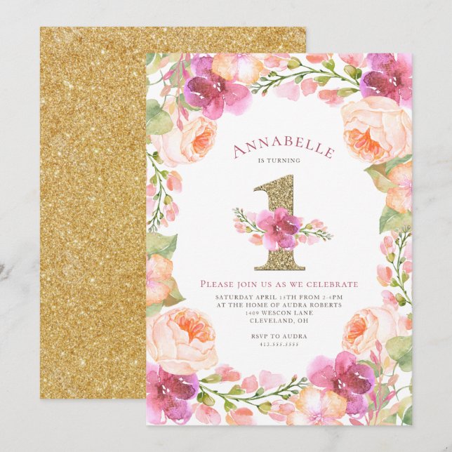 Invitation Rose et fête d'anniversaire de filles florales (Devant / Derrière)