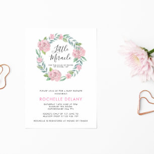 Invitation Rose et Feuille Wreath Little Miracle Baby shower