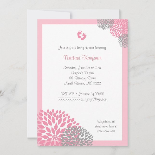 Invitation rose et gris de baby shower de dahlia (Devant)