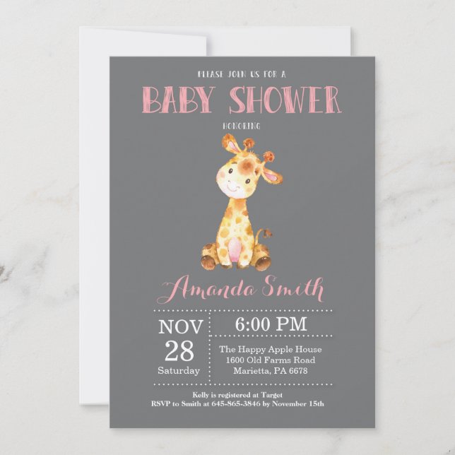 Invitation Rose et gris d'invitation de baby shower de girafe (Devant)