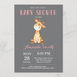 Invitation Rose et gris d'invitation de baby shower de girafe