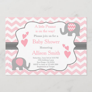 Invitation rose et grise de baby shower d'éléphant
