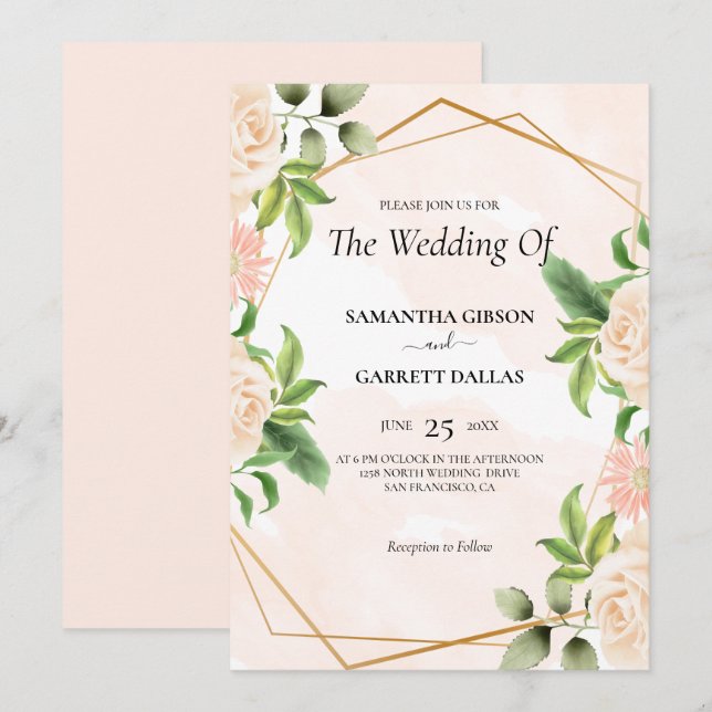 Invitation Rose Et Mariage De Cadre D'Or (Devant / Derrière)