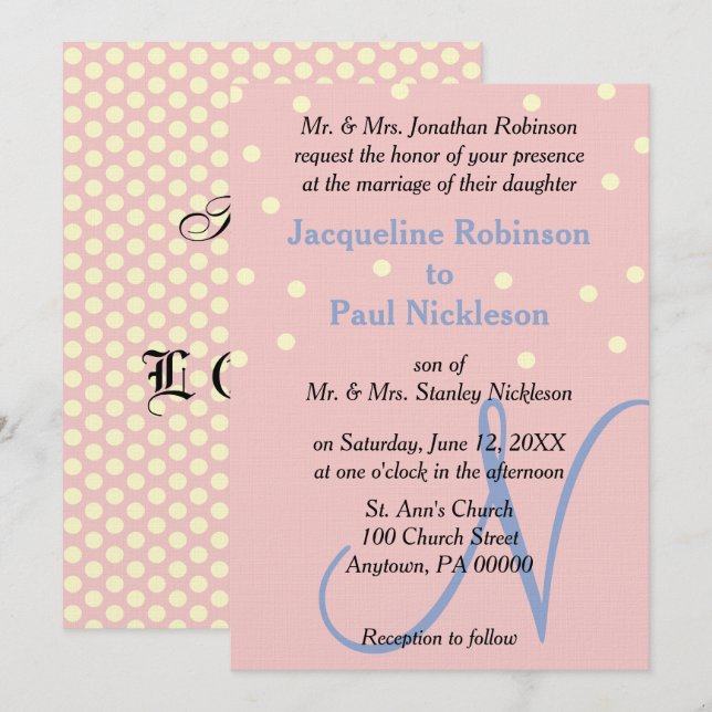 Invitation Rose et Monogramme Bleu Mariage Points Polka (Devant / Derrière)