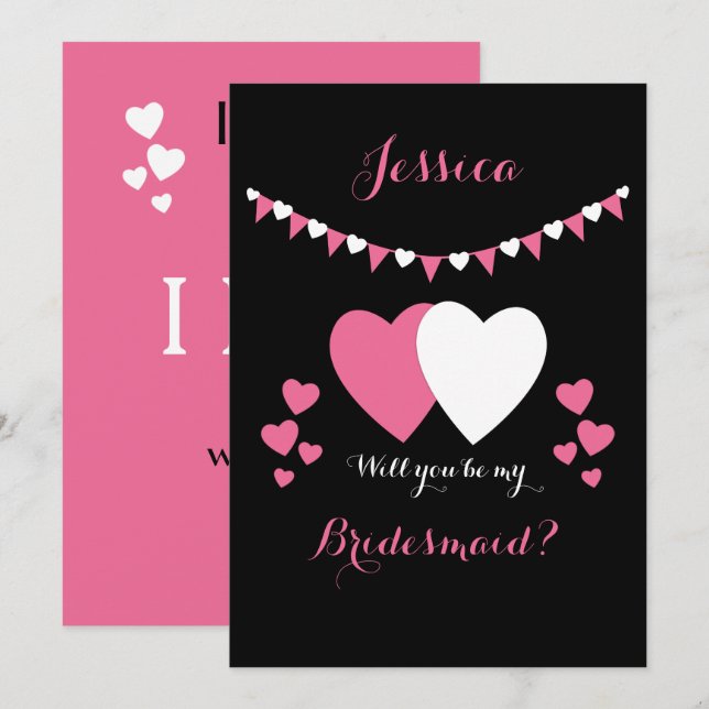 Invitation Rose et noir avec le lime et les coeurs Bridesmaid (Devant / Derrière)