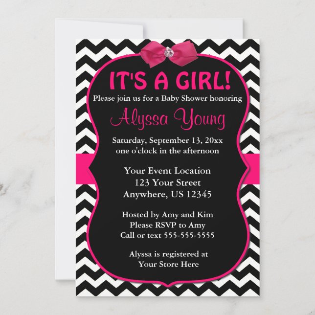 Invitation rose et noir de baby shower de Chevron (Devant)