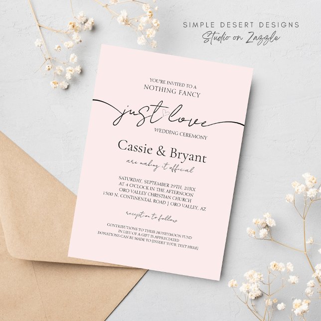 Invitation Rose et noir vif Juste aimer Mariage de script mod (Minimal Blush Pink Wedding Invitation with Modern Script and Simple Typography)