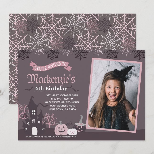 Invitation rose et noire d'Halloween avec photo (Devant / Derrière)