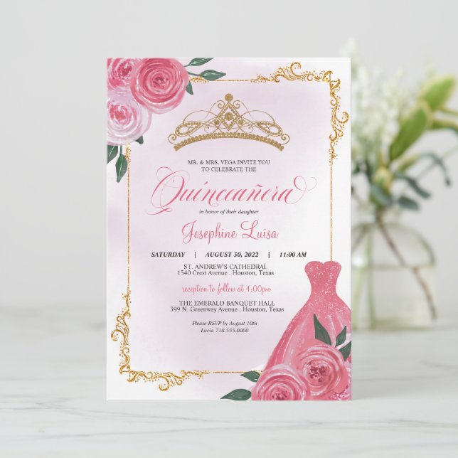 Invitation Rose et or Blanc Floral Tiara Quinceañera (Debout devant)