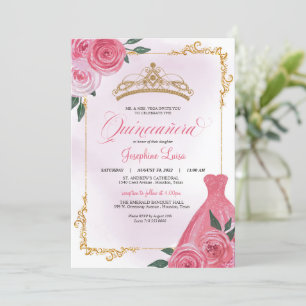 Invitation Rose et or Blanc Floral Tiara Quinceañera