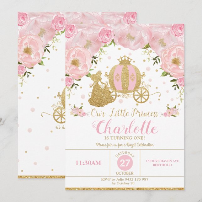 Invitation Rose et or de chariot de fête d'anniversaire de (Devant / Derrière)