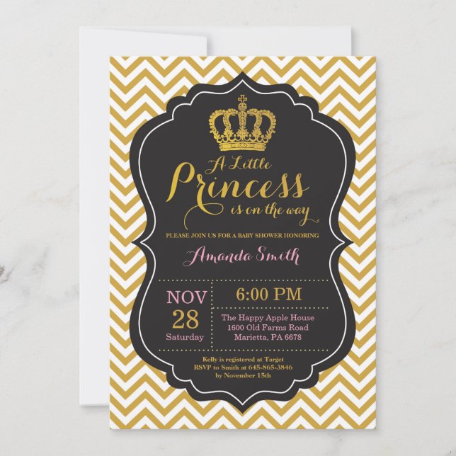 Invitation Rose et or d'invitation de princesse baby shower (Devant)