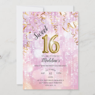 Invitation Rose et or étincelle doux 16 Anniversaire