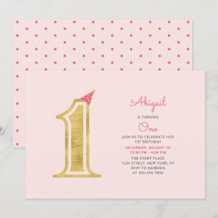 Invitation Rose et Or Fête de 1er anniversaire pour une fil
