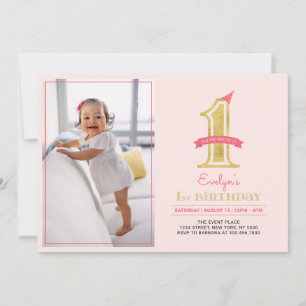 Invitation Rose et Or   Fête de 1er anniversaire pour une fil