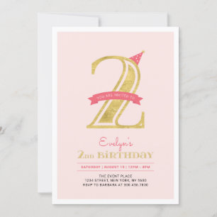 Invitation Rose et or   Fille 2e fête d'anniversaire