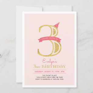 Invitation Rose et or   Fille 3e fête d'anniversaire