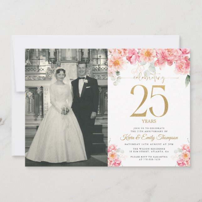 Invitation Rose et Or Floral 25e Anniversaire (Devant)