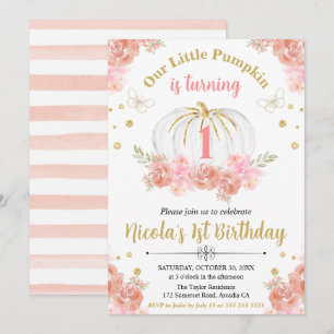 Invitation Rose et or Floral Citrouille fille 1er anniversair