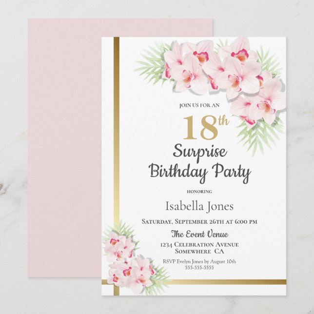Invitation Rose et or Floral Surprise 18e fête d'anniversaire (Devant / Derrière)