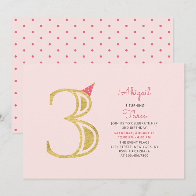 Invitation Rose et or | Jolie Fille Moderne 3e fête d'anniver (Devant / Derrière)