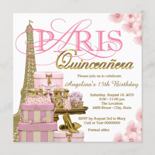 Invitation Rose et or Paris Quinceanera