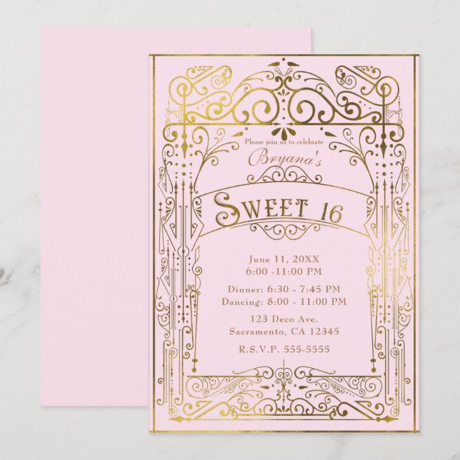 Invitation Rose et or Vintage Victorian Déco Sweet 16 (Devant / Derrière)